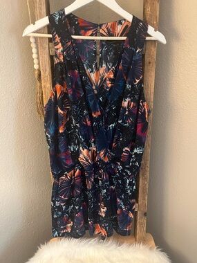 BCBGMaxAzria Navy Floral Abstract Print romper with Orange and Pink Accents